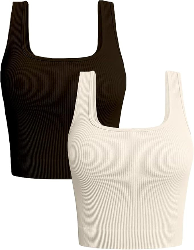 Women's 2-Pack Crop Tops Rib-Knit Seamless Workout Exercise Shirts Yoga Tank Tops | Amazon (US)