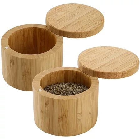 2 Pack Bamboo Salt and Pepper Holder Box Spice Jars Spice Containers Seasoning Storage Box with Swiv | Walmart (US)