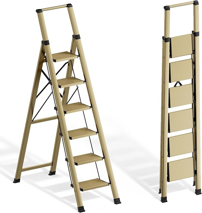 6 Step Ladder for 12 Feet High Ceiling, Lightweight Aluminum Folding Step Stool with Convenient H... | Amazon (US)