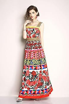 LAI MENG FIVE CATS Womens Square Neck Sleeveless Floral Print Casual A-line Beach Maxi Dress | Amazon (US)