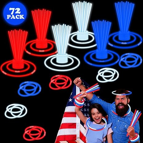 Fourth of July Kids Party Favors Supplies,72 PCS Red White Blue Glow Sticks Party Pack,Light up B... | Amazon (US)