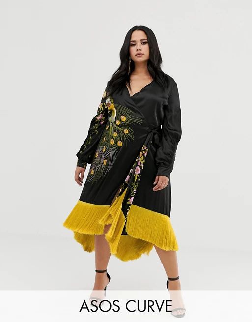 ASOS DESIGN Curve kimono midi dress with fringe in embroidered satin peacock | ASOS US