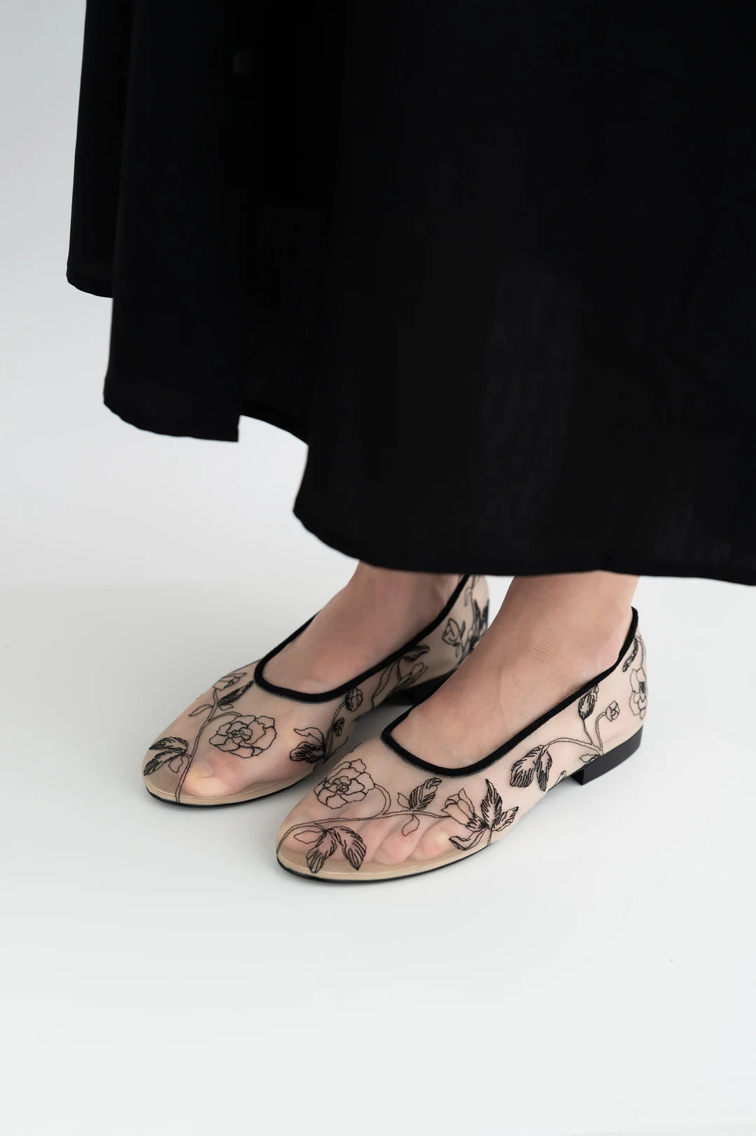 Beige Mesh Flats with Black Embroidery and Trim, Fishnet Ballet Shoes with Genuine Leather Insole... | Etsy (US)