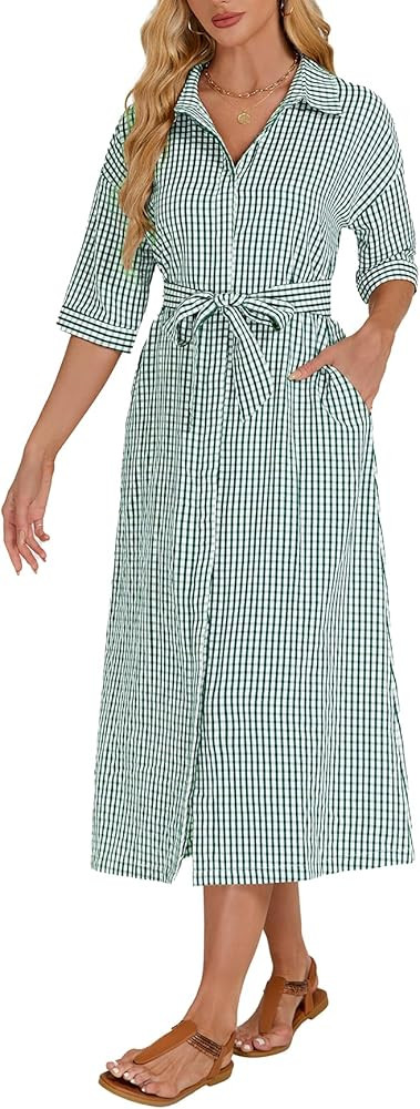 Women's Half Sleeve Plaid Maxi Dress Collar V Neck Belted Casual Button Down Long Loose Dress | Amazon (US)