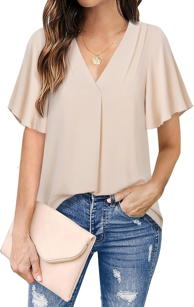 Timeson Women's V Neck Chiffon Blouse Ruffle Sleeve Ladies Work Shirts | Amazon (US)