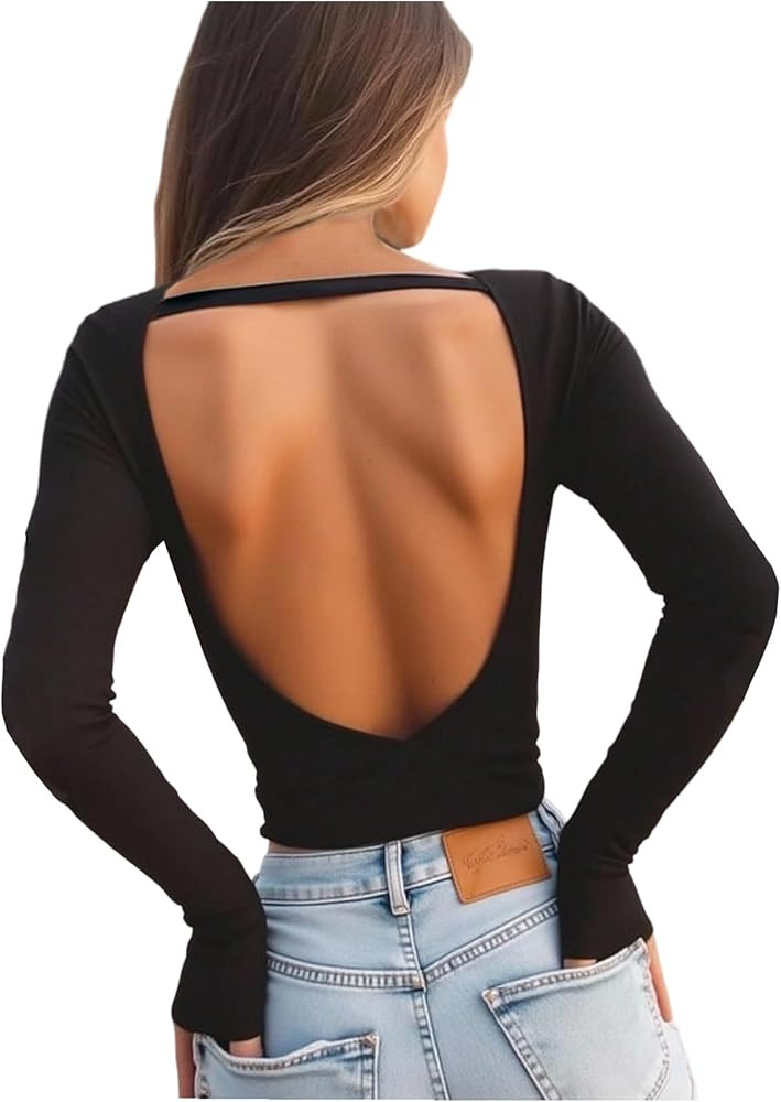 SHENHE Women's Open Back Scoop Neck T Shirt Sexy Long Sleeve Solid Fitted Going Out Tees | Amazon (US)