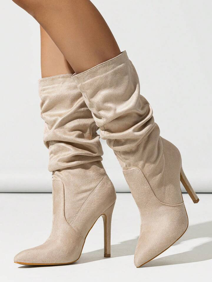 Women Apricot Pointed Toe Suede Stilettos Ankle Boots, High Heel Foldover Versatile Party Mid-Calf Boots For Autumn/Winter | SHEIN