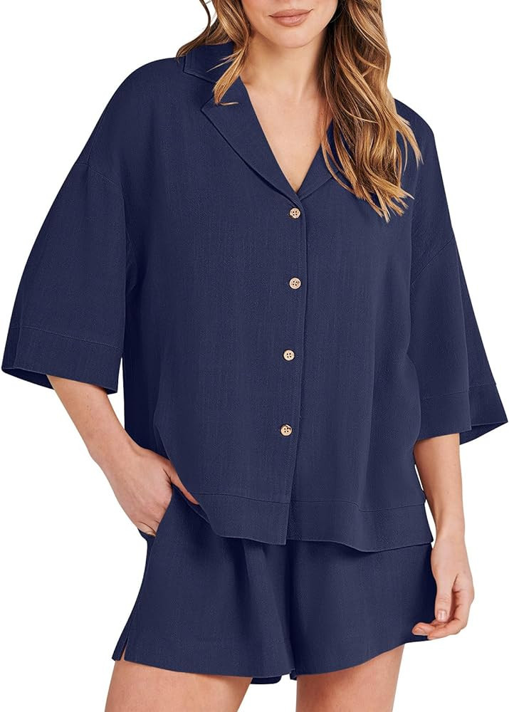 ANRABESS Women's Summer 2 Piece Outfits Linen Sets Short Sleeve Button Tops Casual Lounge Shorts ... | Amazon (US)