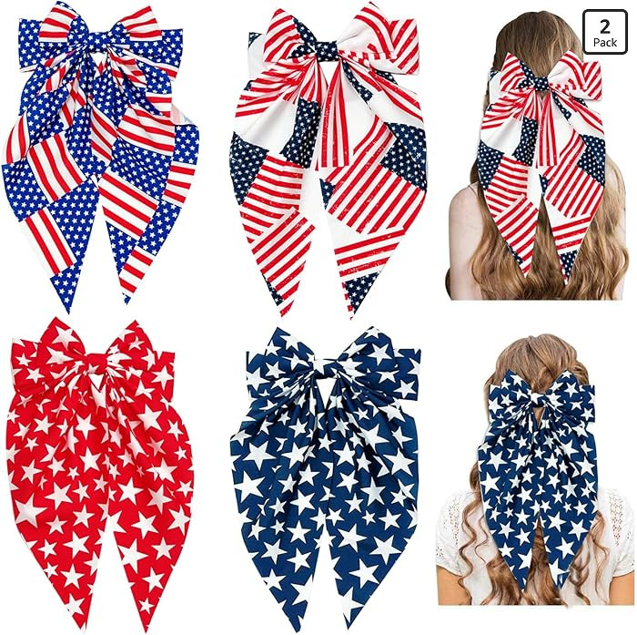 4th of July Hair Bows for Women,Big Ribbon Bow Hair Clips for Girls, Oversized Long Tail Hair Bar... | Amazon (US)