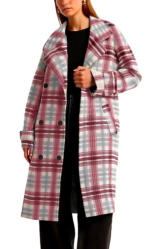 CHARTOU Women Long Wool Plaid Pea Coat Double Breast Midi Long Trench Peacoat Overcoat with Belt | Amazon (US)