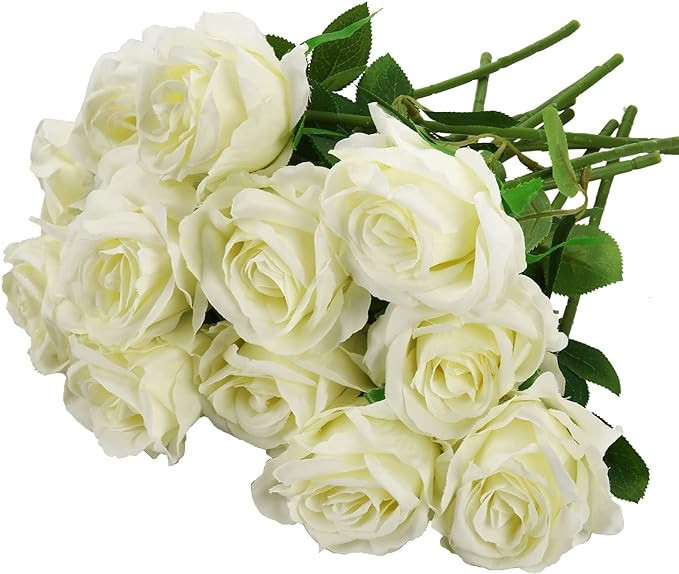 Felice Arts 12 Pack White Artificial Roses Flowers with Stems Silk Rose Bouquet for Wedding Vase ... | Amazon (US)