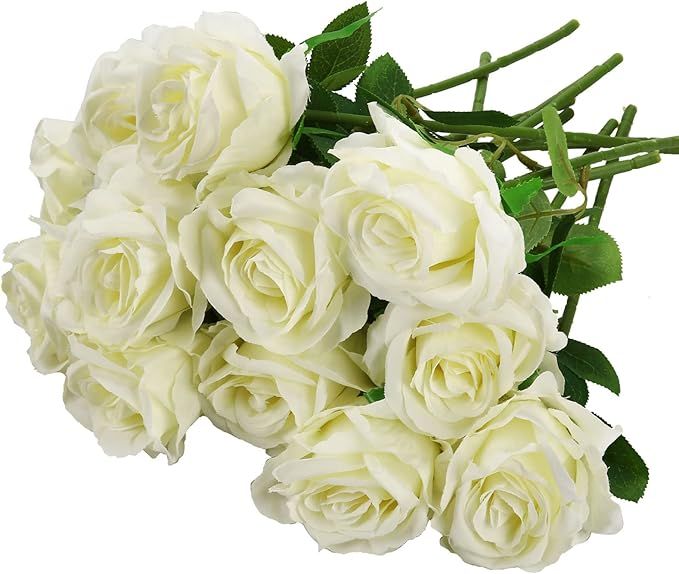 Felice Arts 12 Pack White Artificial Roses Flowers with Stems Silk Rose Bouquet for Wedding Vase ... | Amazon (US)
