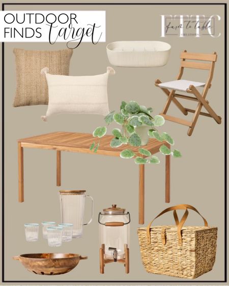 Target Outdoor Finds. Follow @farmtotablecreations on Instagram for more inspiration.

Okemo Acacia Wood Rectangular Outdoor Dining Table. 18"x18" Neutral Woven Indoor/Outdoor Square Throw Pillow Beige/Natural - Hearth & Hand with Magnolia. 1.8gal Plastic Beverage Dispenser with Wood Stand. Natural Woven Picnic Basket with Green Plaid Liner. 6pc Ribbed Plastic Pitcher and Tumbler Serving Set Clear/Light Blue. 42oz Wooden Harvest Bowl. 10ct LED Corded Indoor/Outdoor String Lights Black/White. 14"x20" Hem Stitch Stripe Lumbar Throw Pillow with Tassels Tan. 7.5" Mini Faux Variegated String of Hearts Plant. 8-Wick Micro-Fluted Ceramic Citronella Oblong Jar Candle Cream.  Herb Drying Basket Tray. 9" Tonal Melamine Salad Plate Natural/Cream. Dinner Plates. Natural Woven Bottle Carrier. Outdoor Patio Folding Chair. 
Target Circle Week. Target Sales. New Hearth & Hand. Target Outdoor Finds. 




#LTKxTarget #LTKSeasonal #LTKhome