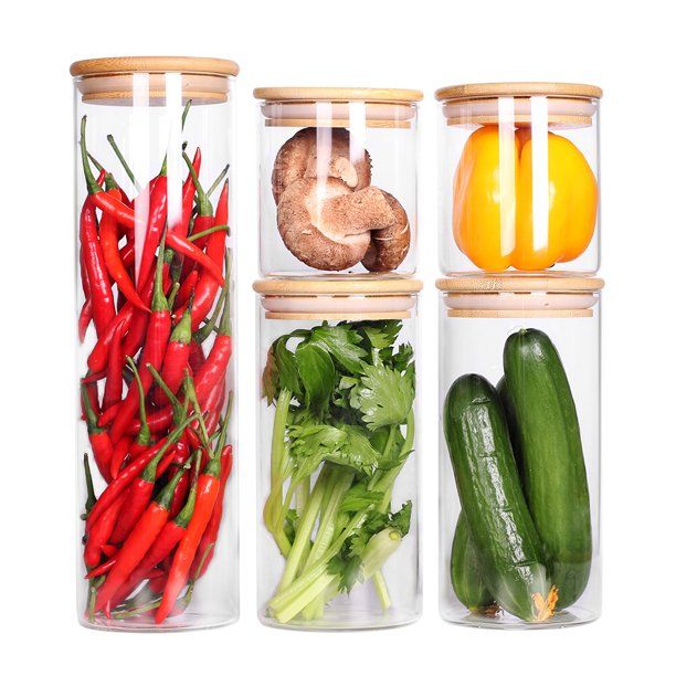 Glass Kitchen canisters with Bamboo Lids, Set of 5 Glass Food Storage Jars with Airtight Wood Lid... | Walmart (US)