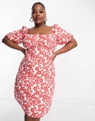 Glamorous Curve square neck mini smock dress tie back in red floral | ASOS (Global)