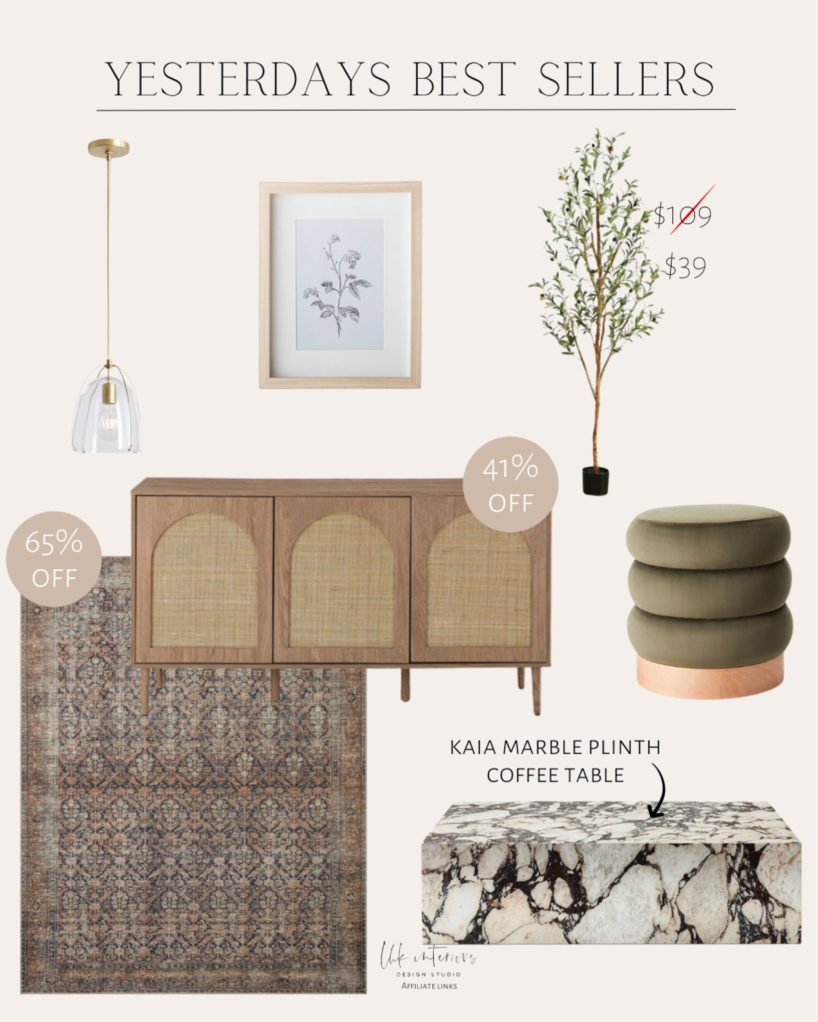 Yesterdays Best Sellers 
 Billie oriental rug / channel tufted ottoman / Kaia marble plinth coffee table / 3-door coastal sideboard / artificial olive tree / glass pendant 

#LTKhome #LTKU #LTKsalealert
