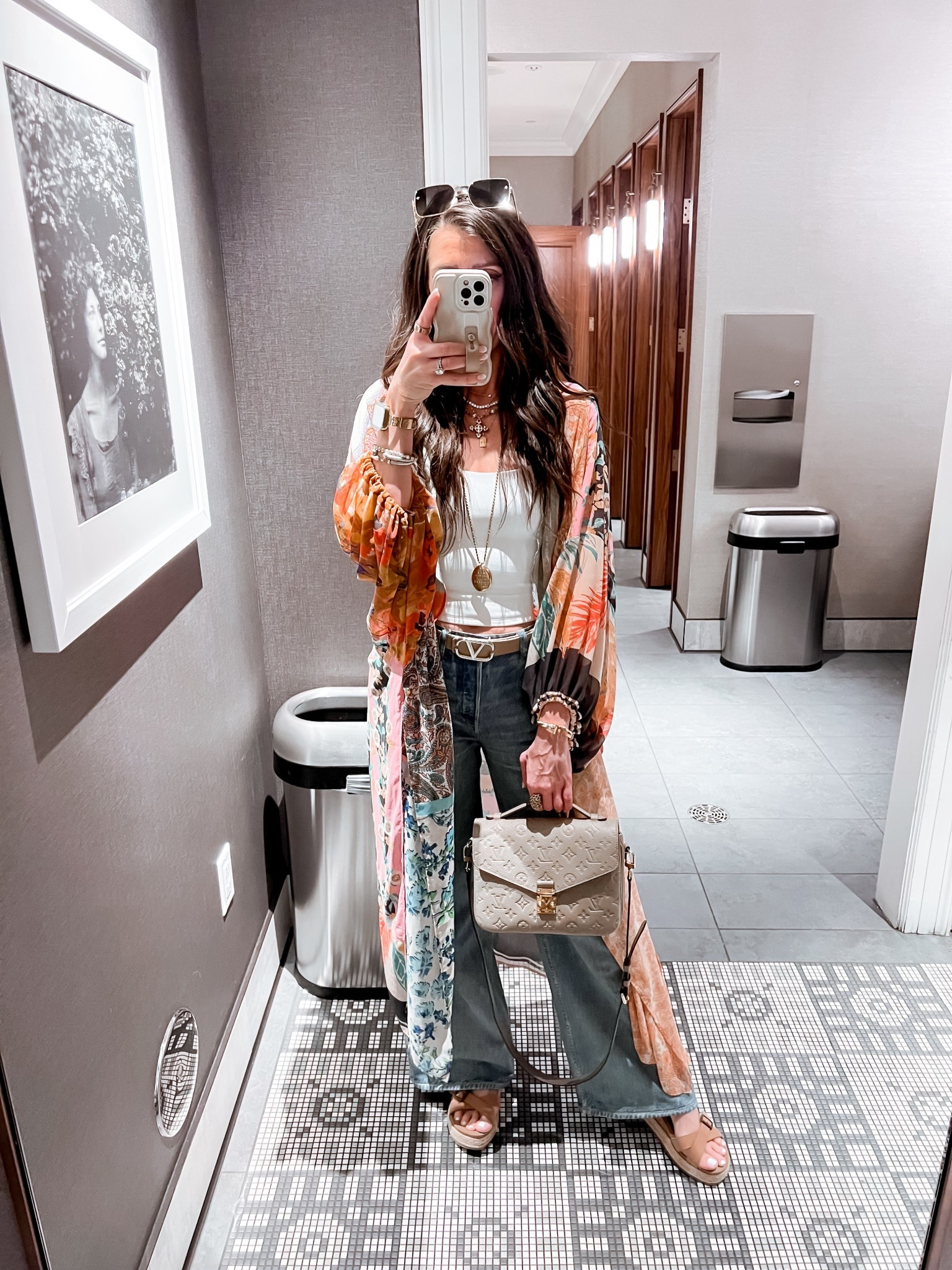 An easy day to night look! Colorful, sheer kimono paired with my favorite sweatpants denim wide leg jeans. ￼

#LTKOver40 #LTKFestival #LTKootd