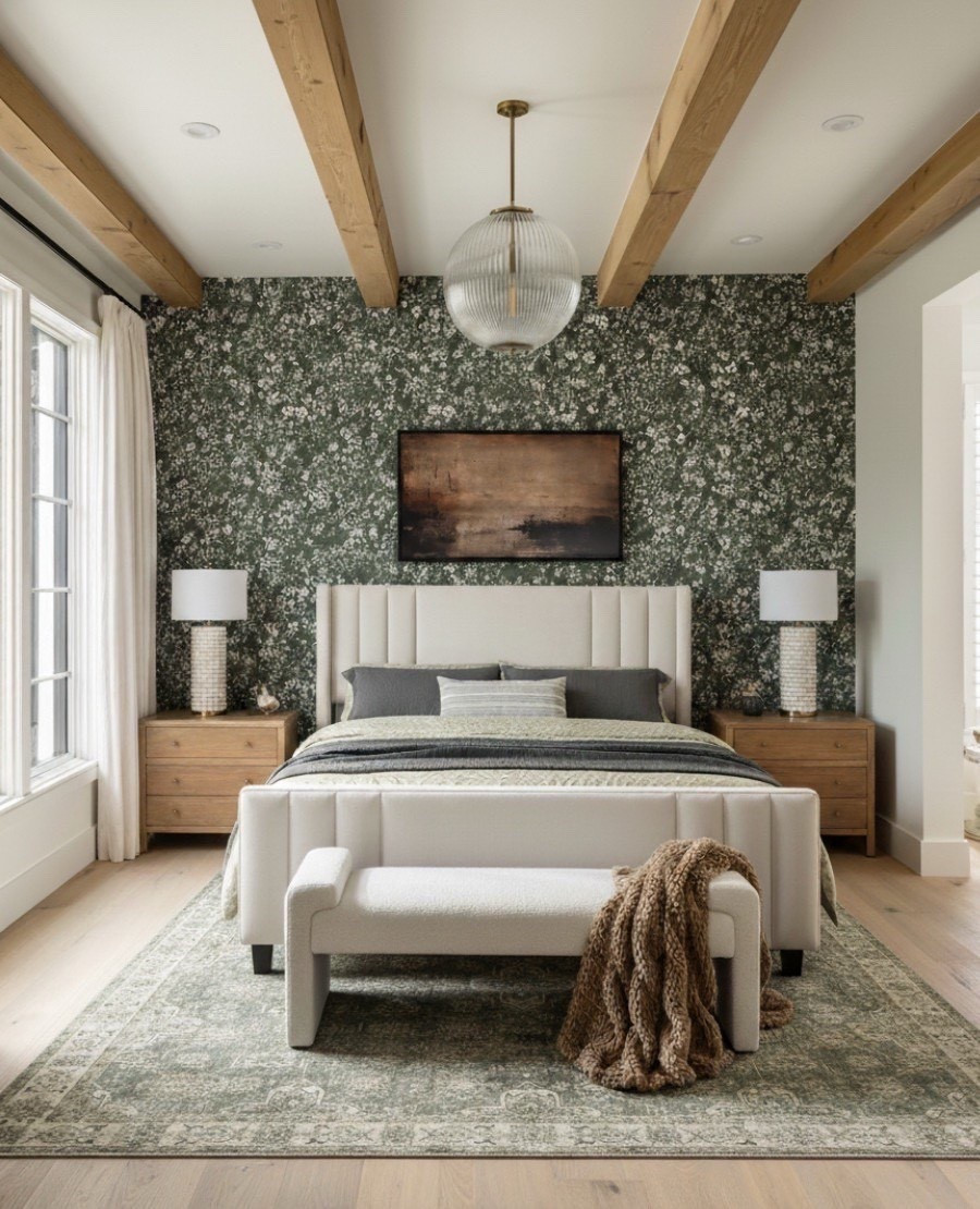 A sophisticated take on cozy design — this modern organic bedroom blends warm textures with deep tones. The green floral accent wall adds depth and contrast behind a channel-tufted upholstered bed in soft cream, framed by oak wood nightstands and glass tube brass table lamps for balanced symmetry. A vintage-style green area rug grounds the room, while a ribbed glass pendant light and wood ceiling beams tie in natural warmth. Layered neutral bedding and a chunky knit throw complete this refined yet inviting retreat.

Shop the look:
Channel tufted bed | Oak nightstands | Glass tube brass table lamps | Ribbed glass pendant | Green floral wallpaper | Vintage green rug | Neutral bedding | Bouclé bench | Chunky knit throw | Modern organic bedroom decor 

#LTKSaleAlert #LTKHome