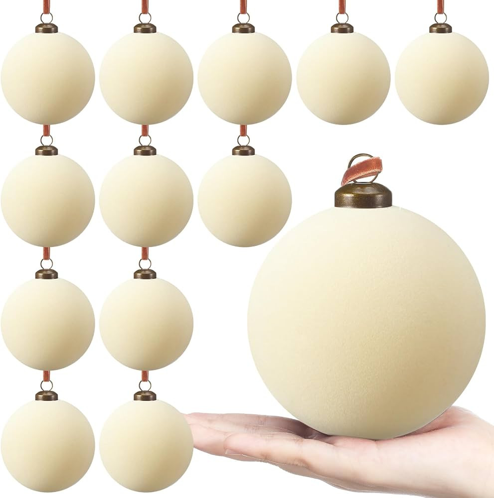 12 Pcs Velvet Christmas Ball Ornaments - 4 Inch Cream White Flocked Christmas Tree Balls Decorati... | Amazon (US)