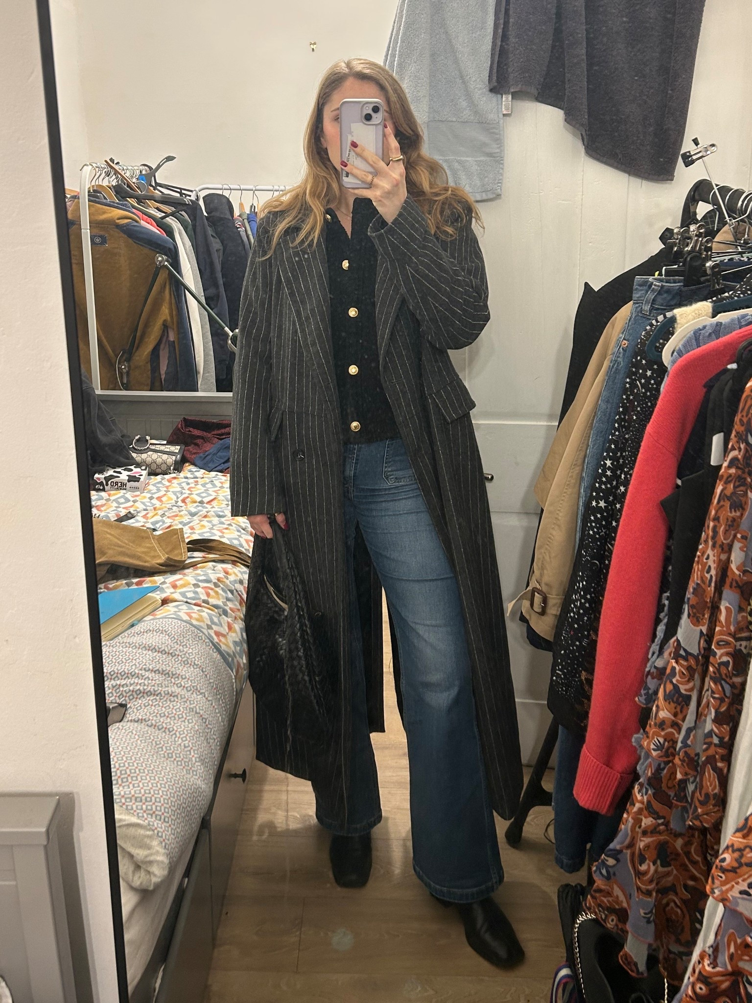Another day in my very messy spare room/wardrobe - flare jeans, black cardigan, Bottega bag, black ankle boots, grey pinstripe coat 

#LTKjeans #LTKuk #LTKwinter