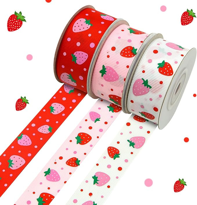 Pastel Red Pink Strawberries Grosgrain Ribbon (3 Rolls, 3 Patterns, 1 inch x 10 Yards Each Roll, ... | Amazon (US)