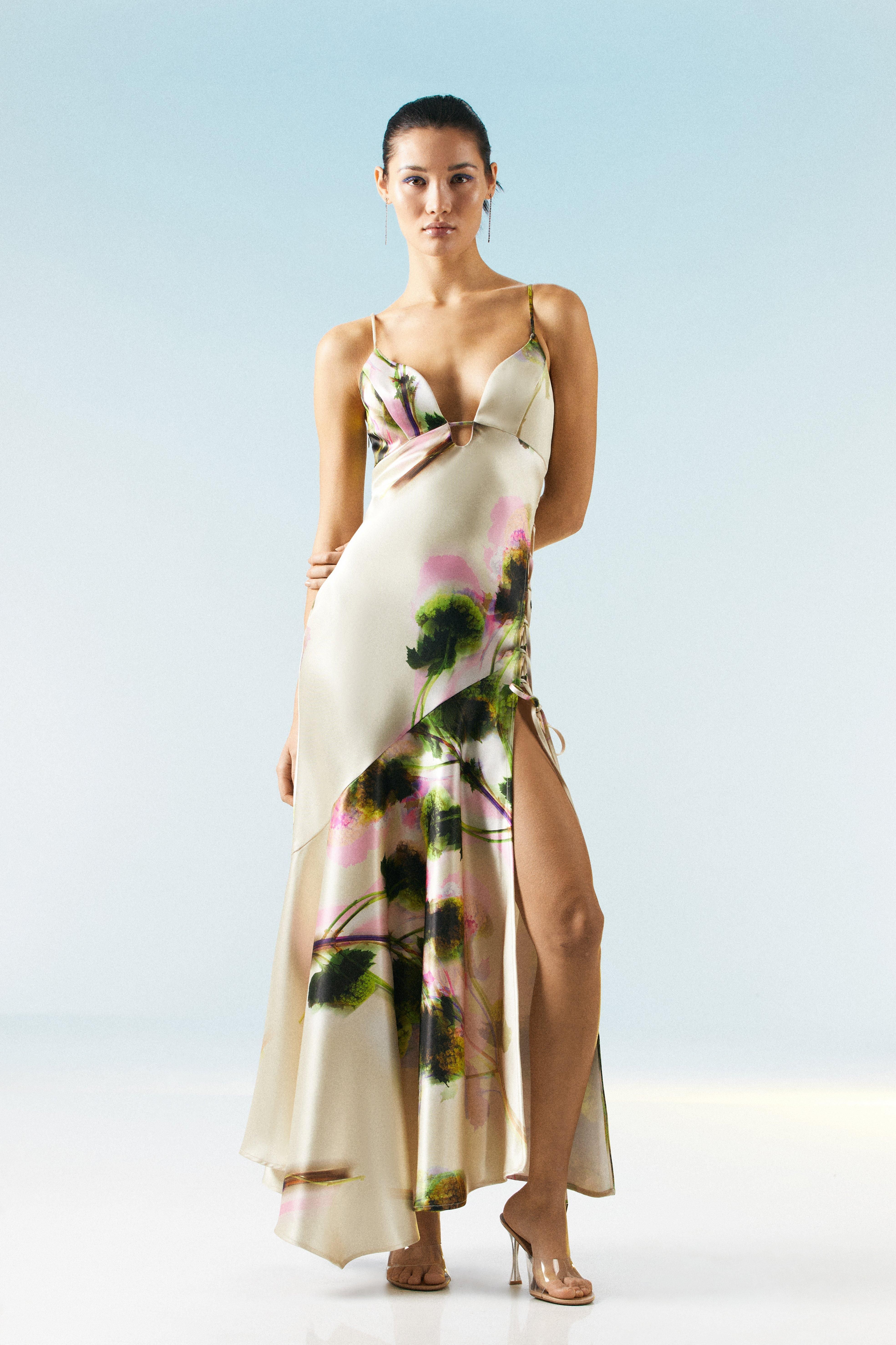 OOTO LONDON Floral Satin Strappy Lace Up Maxi Dress | Karen Millen UK + IE + DE + NL