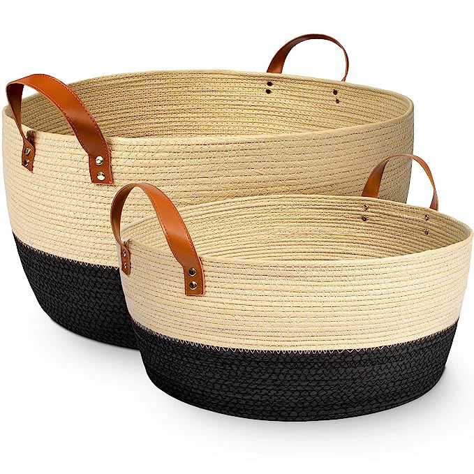 XL and Large Blanket Storage Baskets, 2pc Set – Luxury Palm Woven Basket with Durable Vegan Lea... | Amazon (US)
