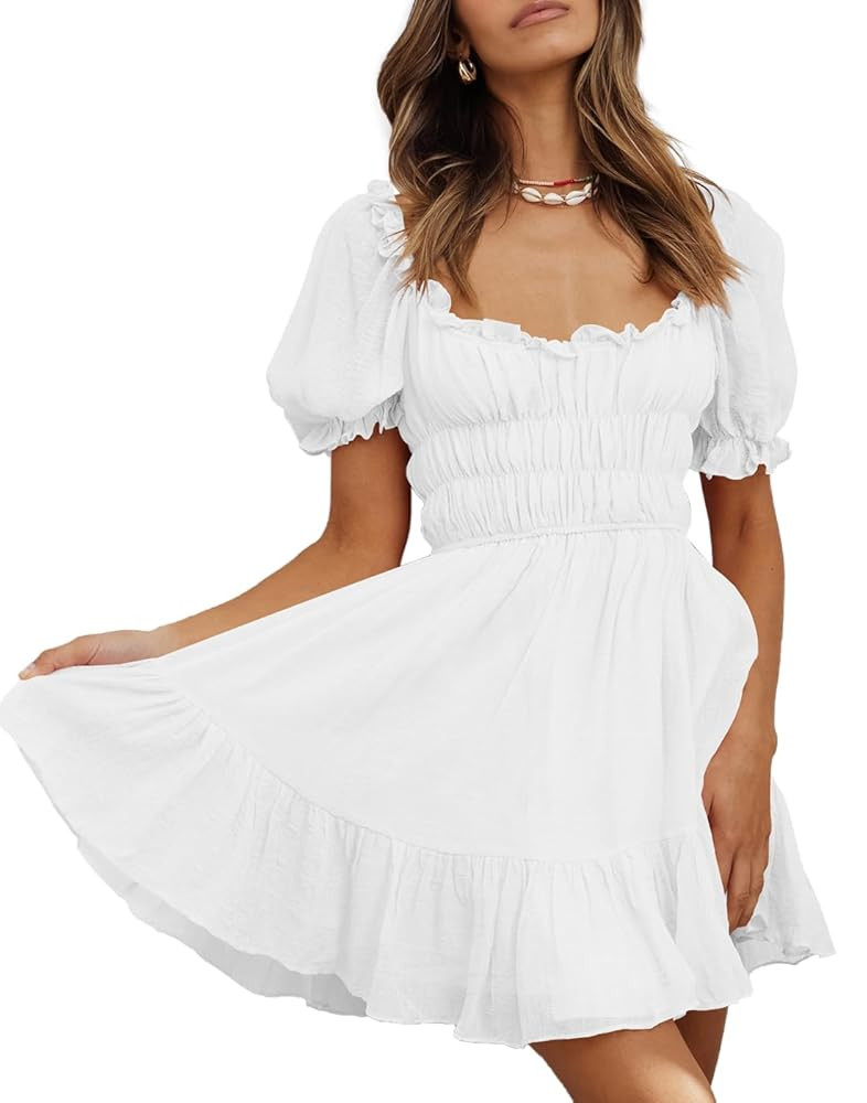 Women's Square Neck Puff Sleeve Mini Dresses Ruffle Elastic Waist A-Line Elegant Summer Casual Fl... | Amazon (US)