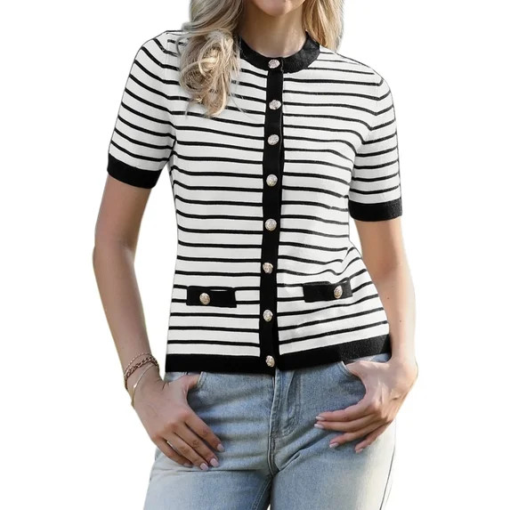 DARING DIVA Women's Striped Short Sleeve Button Down Sweater M Black White Stripe | Walmart (US)