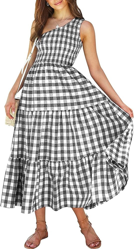 BTFBM Women One Shoulder Sleeveless Casual Summer Dresses Smocked High Waist Floral Print Boho Pleat | Amazon (US)