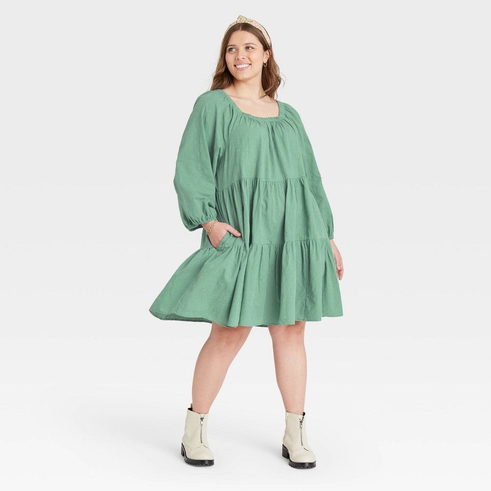 Women's Plus Size Puff Long Sleeve Tiered Dress - Universal Thread Green 1X | Target