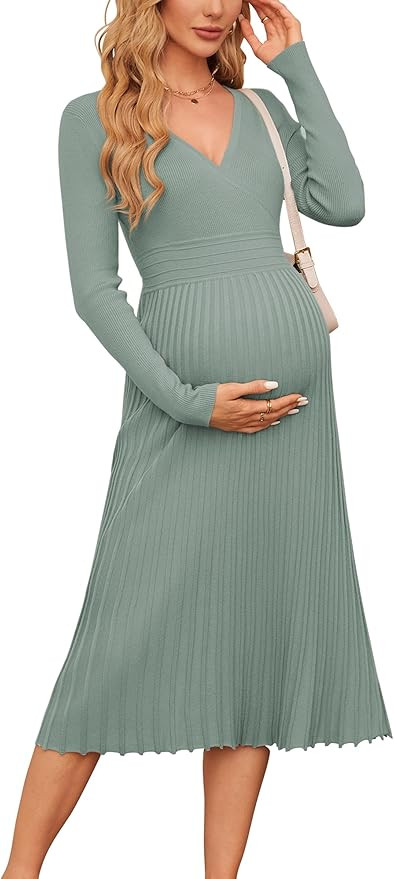 OUGES Womens 2024 Fall Maternity Dress Long Sleeve Wrap V Neck Pleated Midi Dress Casual Sweater ... | Amazon (US)