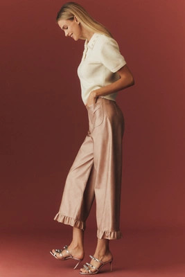 The Colette Crop Metallic Faux Leather Ruffle-Hem Pants by Maeve | Anthropologie (US)
