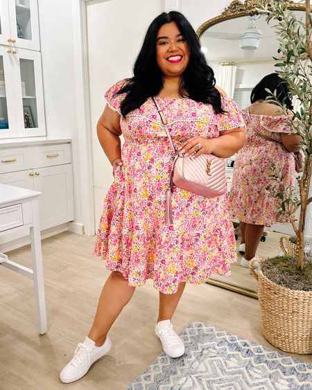 Smiles and Pearls is wearing a pink floral off the shoulder dress from Walmart in the size 2X with wide width all white converse.  My Ysl camera bag is the perfect summer bag! White sneakers, floral dress, summer dress, wedding guest dress, wide width sneakers, camera bag

#LTKcurves #LTKshoecrush #LTKunder50