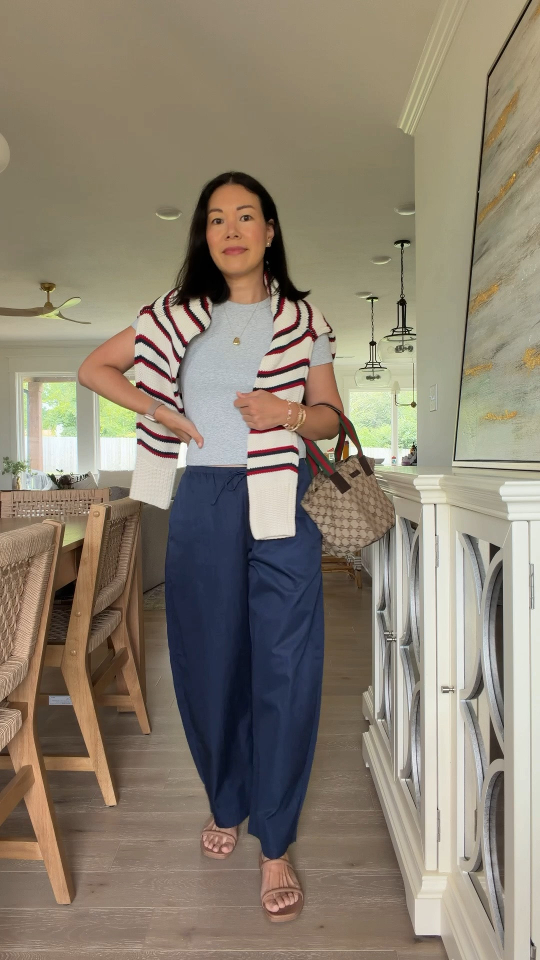 Wearing Small in grey tshirt, XS in navy poplin pants, and my sweater is a Medium. Bag is vintage Gucci

#LTKootd #LTKOver40 #LTKPetite