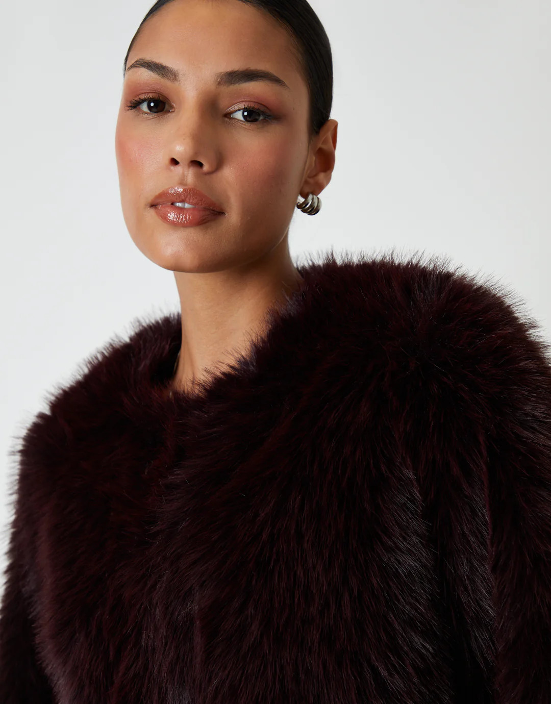 Berry Red Collarless Faux Fur Coat | Threadbare