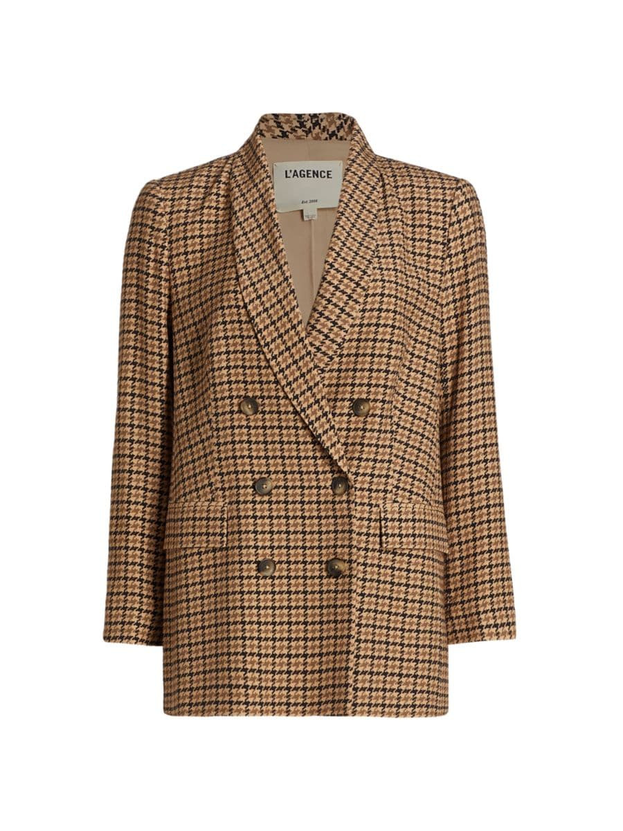 L'AGENCE Jayda Double-Breasted Houndstooth Longline Blazer | Saks Fifth Avenue