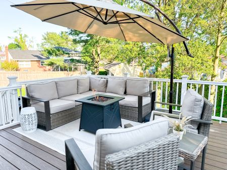 Our back porch furniture, outdoor rug, and new umbrella!!! ☀️ found our outdoor furniture from Big Lots and Home Depot!

#LTKsalealert #LTKhome #LTKSeasonal