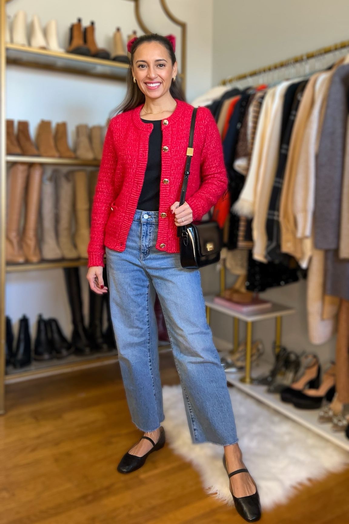 Casual holiday look. 

Red sweater jacket is $35 for a limited time!! So cozy and warm! I love the gold details giving it that extra touch of festive ✨

#LTKfindsunder50 #LTKsalealert #LTKHoliday