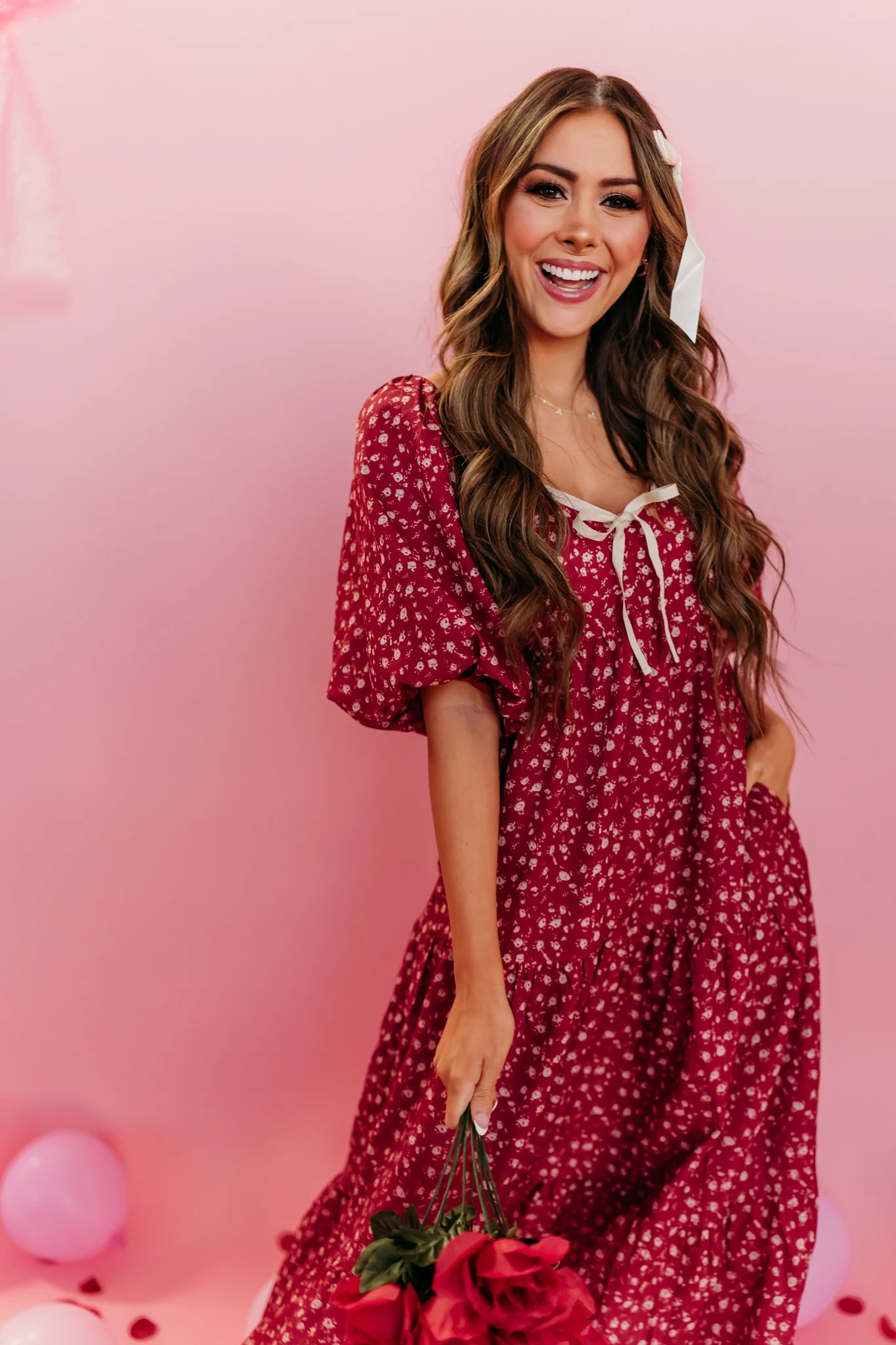 THE GRACE FLORAL MIDI DRESS IN DARK RED | Pink Desert
