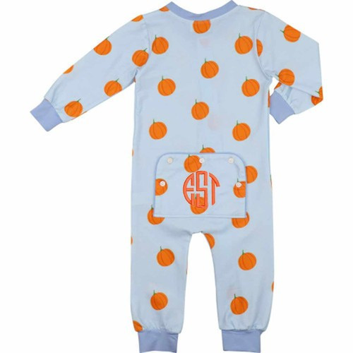 Blue Knit Pumpkin Print Zipper Pajamas | Cecil and Lou