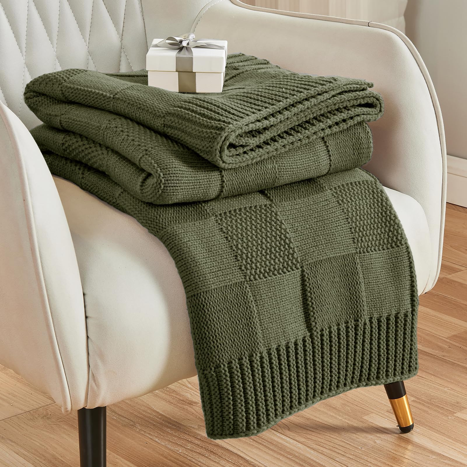 CozeCube Check Knit Throw Blanket, Olive Green Checkered Throw for Couch, Decorative Christmas So... | Amazon (US)