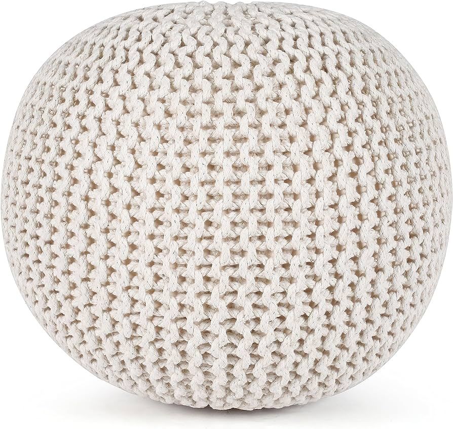 100% Cotton Round Pouf Ottoman-Hand Knitted Cable Boho Poof (20”x20”x14” - Ivory) Home Déc... | Amazon (US)