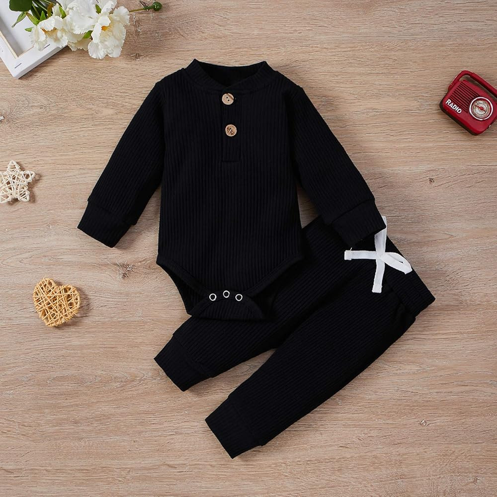 Newborn Baby Boy Girl Clothes Ribbed Knitted Cotton Long Sleeve Romper Long Pants Solid Color Fall W | Amazon (US)