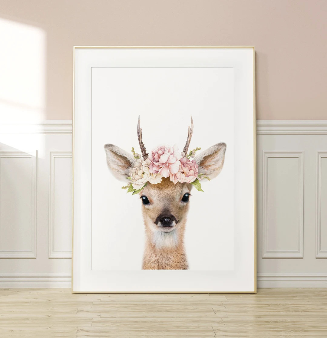 Baby Deer Wall Art Print With Floral Crown Girls Bedroom - Etsy | Etsy (US)