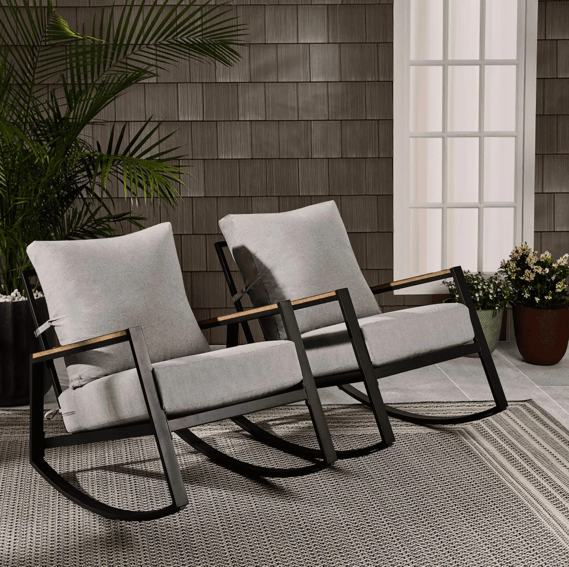 Better Homes & Gardens Marlow Outdoor 2pk Patio Rocking Chairs, Black Frame/Gray Cushion | Walmart (US)