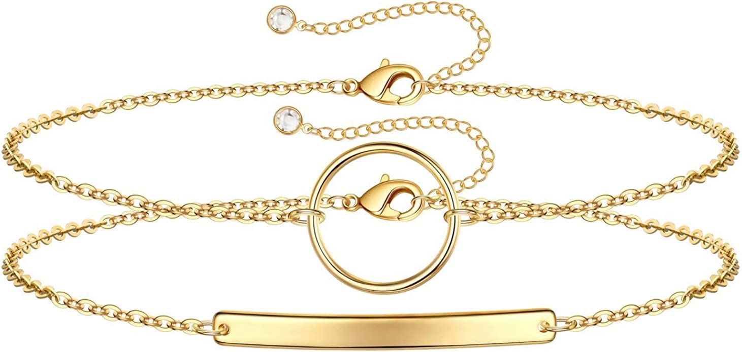 Dainty Gold Bracelets for Women, 14K Gold Filled Adjustable Layered Bracelet Cute Evil Eye Oval C... | Amazon (US)