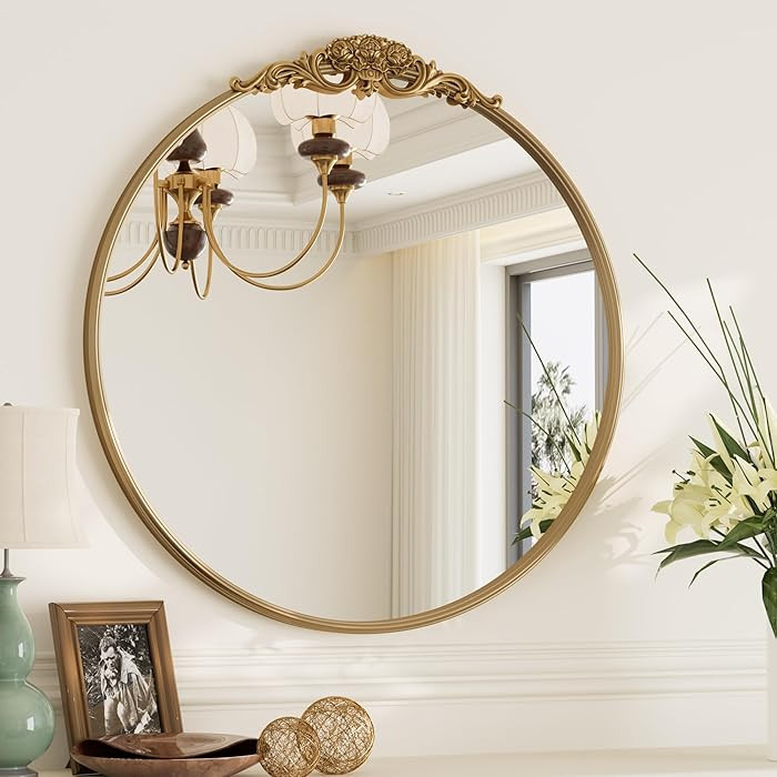TokeShimi 24x24 Vintage Round Mirror with Metal Frame,Antique Round Gold Mirror for Wall,Bedroom,... | Amazon (US)