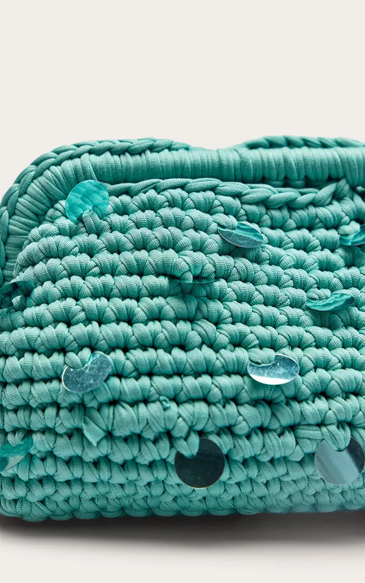 Aqua Crochet Sequin Clutch Bag | PrettyLittleThing UK