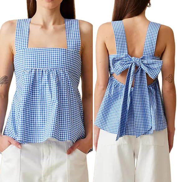 KOSUSANILL Y2k Gingham Tank Top Women Sleeveless Backless Square Neck Ruffle Peplum Babydoll Cami... | Amazon (US)